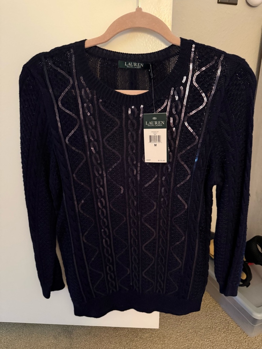 Ralph Lauren Navy Sequin Cable Knit Crew Sweater